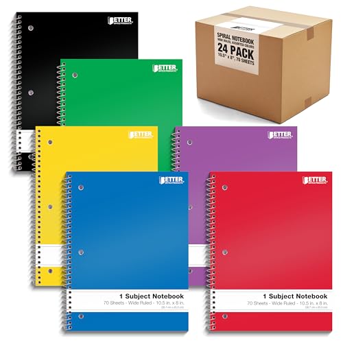 Better Office Products Spiral Notebooks 1-Subject, 24 Pack, Wide Rule, 70 Sheet, 8 x 10.5 inches, 6 Assorted Primary Colors, 24 Pack