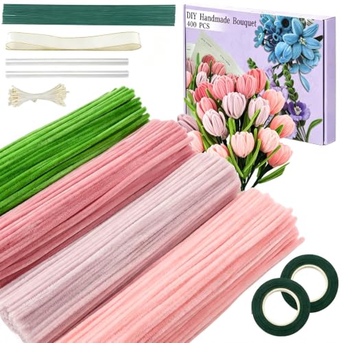 Beyinkoy Pipe Cleaners Craft Kit, 400 PCS Handmade Artificial Flower Making Set, Chenille Stems Craft Supplies with Floral Tape, Ribbon, Stems & Stamens for Arts & Craft (Pink)