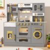 BIERUM Wooden Play Kitchen for Kids Ages 3-8 with Lights & Sounds (Gray)