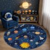 Bildenly 3'3" Round Outer Space Kids Rug for Boys Room, Playroom, Classroom, Bedroom, Educational & Non Slip Solar System Planets Play Rug for Kids Children Leaning Galaxy - Cartoon Blue