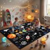 Bildenly 5x7 Ft Outer Space Kids Rug for Boys Room, Playroom, Classroom, Educational Non-Slip Planet Rug for Leaning Solar System, Washable & Soft Galaxy Star Rug - Faux Wool