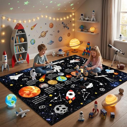 Bildenly 5x7 Ft Outer Space Kids Rug for Boys Room, Playroom, Classroom, Educational Non-Slip Planet Rug for Leaning Solar System, Washable & Soft Galaxy Star Rug - Faux Wool