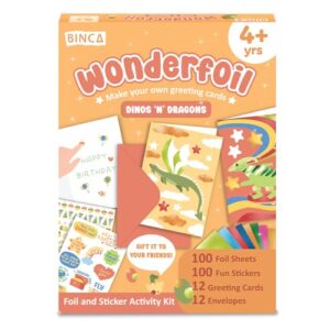 BINCA Wonderfoil Art Kit - Dinos & Dragons, DIY Foil Stickers & Greeting Cards, Mess-Free Craft Activity for Kids, Includes 12 Cards for Gifting, Gift for Boys & Girls Ages 4-8