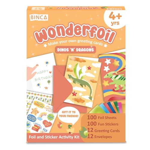 BINCA Wonderfoil Art Kit - Dinos & Dragons, DIY Foil Stickers & Greeting Cards, Mess-Free Craft Activity for Kids, Includes 12 Cards for Gifting, Gift for Boys & Girls Ages 4-8