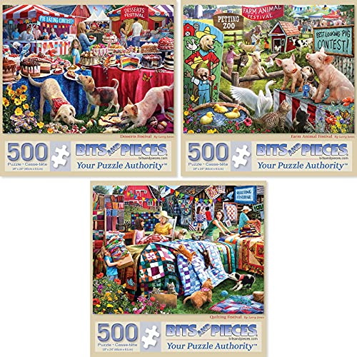 Bits and Pieces – Value Set of Three Jigsaw Puzzles for Adults – Desserts, Farm Animals & Quilting Festival by Larry Jones – Random Die-Cut Pieces, Recycled Cardboard (Three 500 Piece Puzzles)