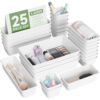 BiuLeon 25 PCS Plastic Drawer Organizers Set, 4-Sizes Vanity and Makeup Organizer, Desk and bathroom Drawer Organizer Trays, Organizers and Storage for Makeup, Jewelry, Gadgets, Utensils (White)
