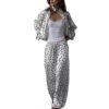 BIUPOS Casual Two Piece Set For Women Polka Dot Stand Collar Zip Up Long Sleeve Top Wide Leg Pants Outfits Fall Commuter Set