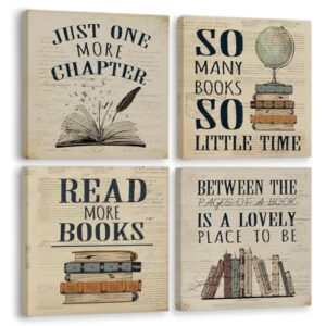 BIWSHA Reading Posters for Library Set of 4,Library Decor,Book Club Decorations,Book Lovers Gifts,Retro Vintage Wall Art for Reading Room Classroom Nursery 12x12 Inch