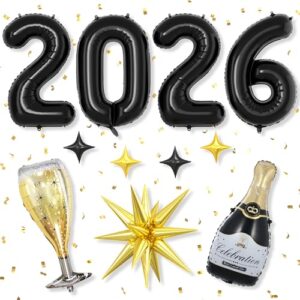 Black 2026 Balloons, 40 Inch Number 2026 Black Foil Balloons, Gold Black Star Balloon, Champagne Bottle Glass Balloon for Happy New Years Eve Party Supplies 2026 Class of 2026 Graduation Decorations