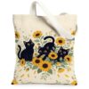 Black Cats and Sunflowers Sunflower Fanciful Canvas Tote Bag 13x15 Inch