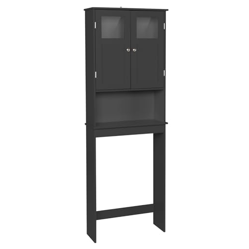 Black Over The Toilet Storage Cabinet – Freestanding Organizer for Towels, Toiletries, Small Spaces Bathroom Cupboard, MDF Iron Frame Unit, Narrow Storage Tower 23.23 x 8.66 x 66.93in