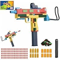 Block Blaster Toy Gun with Shell Ejection, DIY Building Brick Assembly Set with Slide Action, Sight, Foldable Handle and Dart Holder, Foam Dart Shooter for Play and Tabletop Display (2pcs)