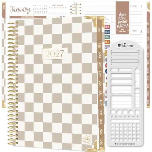bloom daily planners HARDCOVER Planner 2027 for Women - Calendar Year (January - December 2027) - A5 Monthly & Weekly Inspirational Agenda Book - 5.5” x 8.25” - Checkered, Café
