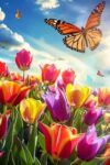 Blooming Tulips and Butterflies Jigsaw Puzzle for Adults, Lush Garden Themed Puzzle for Cozy Home Wall Interior Decoration