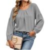Blouses for Women Crew Neck Pleated Long Sleeve Loose Fit Tops Gray