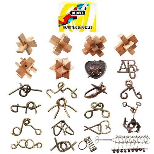 Blovec 24PCS Brain Teaser Puzzles for Adults, Mind Puzzle Ancient Wooden and Metal Puzzles 3D Unlock Interlock IQ Puzzle Box Game for Adults