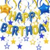 Blue And Gold Happy Birthday Balloons Banner With Star Hanging Swirl Decorations, Blue And Gold Star Foil Balloons For Happy Birthday Decorations Women, Men