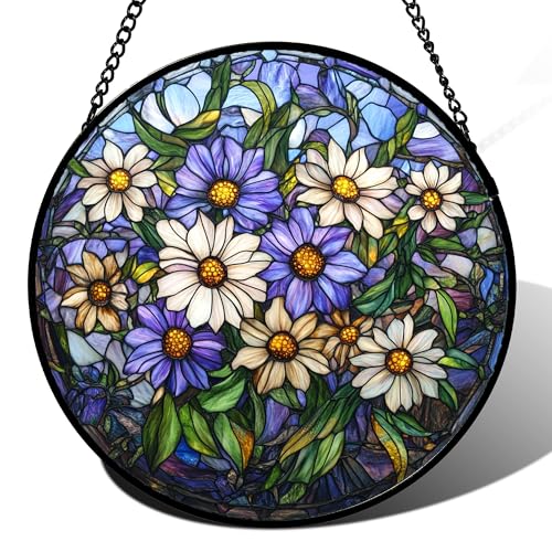 Blue Purple Daisy Birth Flower Stained Glass Style Suncatcher Window Hanging Decor Acrylic Jigsaw Puzzle 83 Pieces Irregular Pieces 7.4 in Door & Garden Decor Holiday Gifts for Women Men and Friends