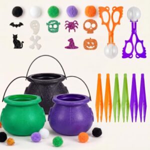 Blueweenly 268 Pcs Halloween Sensory Bin Filler Fine Motor Toys with Pom Poms Stickers Cauldron Pots Color Sorting Practice for Halloween Party