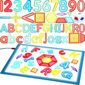 Blueweenly Sensory Light Table 208 Pcs Translucent Letter Number Math Blocks with LED Light Box Back to School Learning Toys Alphabet Geometry Manipulatives for Kids Kindergarten Classroom(Blue)