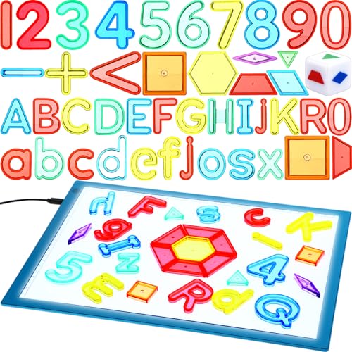 Blueweenly Sensory Light Table 208 Pcs Translucent Letter Number Math Blocks with LED Light Box Back to School Learning Toys Alphabet Geometry Manipulatives for Kids Kindergarten Classroom(Blue)