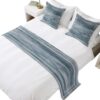 Blue Wood Grain Beds Runner and 2 Matching Pillow Covers Wooden Stripes Square Frames White Dotted Borders Bed Runner Set, Throw Cushion Cover Bedding Scarves for Guesthouse, Hotel Decor 83 x 20 inch