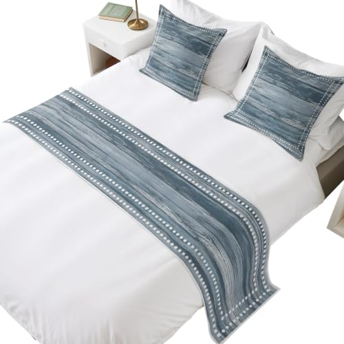 Blue Wood Grain Beds Runner and 2 Matching Pillow Covers Wooden Stripes Square Frames White Dotted Borders Bed Runner Set, Throw Cushion Cover Bedding Scarves for Guesthouse, Hotel Decor 83 x 20 inch