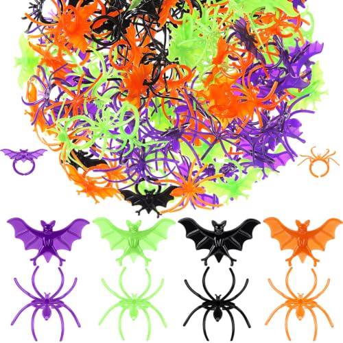 Boao 80 Pcs Halloween Rings Bulk for Kids, Spider and Bat Adjustable Plastic Rings, Halloween Party Favors, Trick or Treat Goodie Bag Stuffers, Classroom Prizes, Cupcake Toppers, Toy Rewards