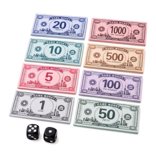 Board Game Currency Set with 560 Bills and 2 Dice, 8 Color-Coded Values from 1 to 1000, Educational Game Currency for Family Game Night, Trading Games and Classroom Activities,560 Bills + 2 Dice