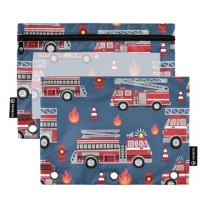 BOENLE Fire Trucks Pencil Pouch for 3 Ring Binder, 2 Pack Waterproof Pencil Bags Clear Window Zipper School Office Supplies
