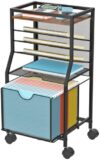 BOHDK Rolling File Cart, 6-Tier Desk File Organizer on Lockable Wheels, Brown Wood Planks & Mesh Sliding Hanging Folder Drawer, Organization Cart for Office Home School
