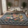 Boho Floral Tiger Print Square Rugs 2x2 Vintage Paisley Border Area Rug for Living Room Bedroom Diningroom Blue Pink Soft Non Slip Thin Low Pile Indoor Carpet Nursery Dorm Kitchen Entryway Mats
