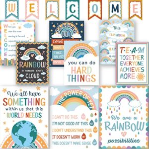 Boho Rainbow 17 Pieces Classroom Motivational Posters Welcome Decor Signs for Elementary Middle School Bulletin Board Decorations Growth Mindset Rules