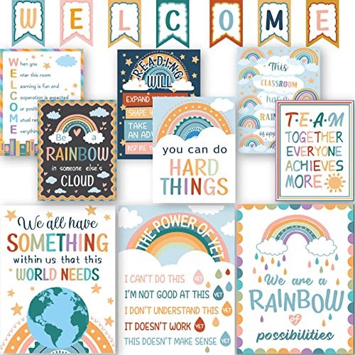 Boho Rainbow 17 Pieces Classroom Motivational Posters Welcome Decor Signs for Elementary Middle School Bulletin Board Decorations Growth Mindset Rules