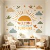 Boho Sun Wall Decal Watercolor Modern Half Sun Wall Decal Sun Cloud Birds Wall Stickers Vinyl Sticker for Classroom Playroom Bedroom Wall Decor