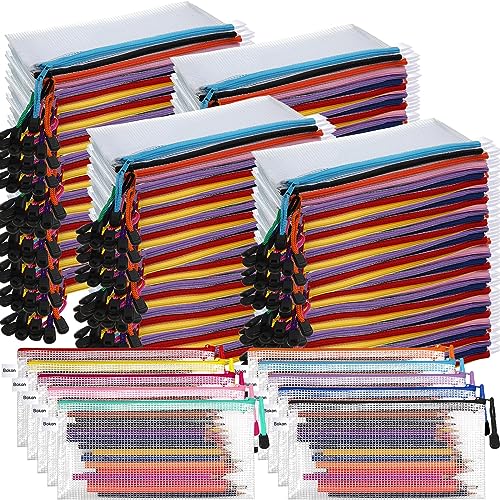 Bokon 200 Pcs 9.45 x 4.5'' Mesh Zipper Pouch Bulk 10 Colors Pencil Pouch Bulk Waterproof Clear File Bags Plastic Pencil Bags for School Travel Cosmetics Office Organizer