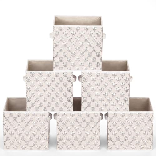 Bokon 6 Pcs 11 Inch Block Print Storage Bins Cube Beige Floral Storage Basket Rustic Floral Foldable Fabric Organizing Bins with Handles for Home Office Shelves Closets Clothes Toys Books