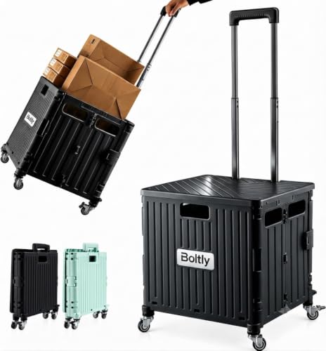 Boltly Folding Utility Cart Portable Rolling Crate Handcart Shopping Trolley Collapsible Tool Box, with Lid, Basket on 4 Rotating Wheels, for Grocery, Garden, Office, Storage, Teacher, Tool (Black)