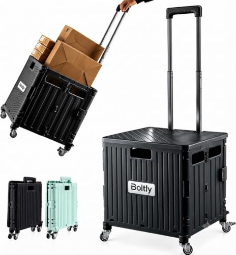 Boltly Folding Utility Cart Portable Rolling Crate Handcart Shopping Trolley Collapsible Tool Box, with Lid, Basket on 4 Rotating Wheels, for Grocery, Garden, Office, Storage, Teacher, Tool (Black)
