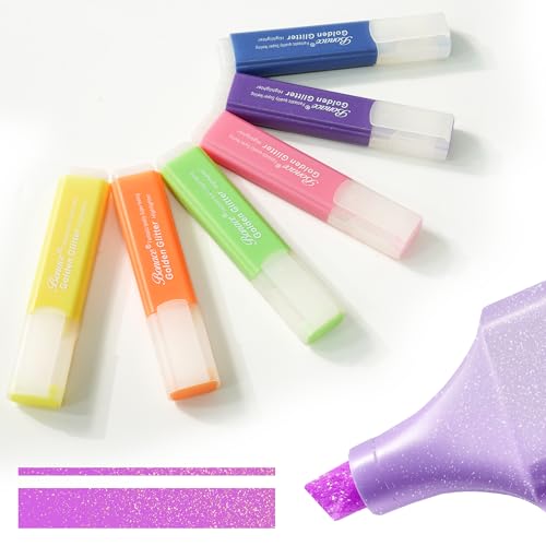 BONACE Glitter Highlighters, 6 Assorted Colors Quick-Dry Chisel Tip