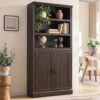 Bookcase with Doors, 75.2" Tall Bookshelf,6-tier Book Shelf Dark Walnut