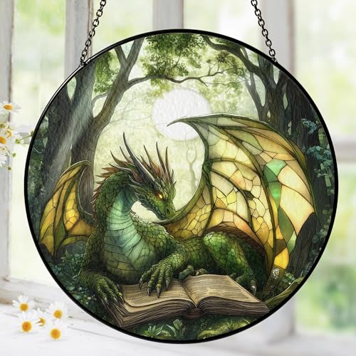 Book Dragon DIY Puzzle Suncatcher Window Hanging Indoor Outdoor Home Garden Decor Birthday Christmas Dragon‑Themed Gift for Fantasy Book Lovers Women Girls Men 7.4 in 83 Irregular Pieces
