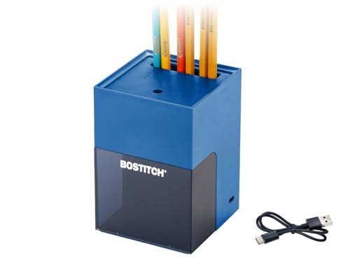 Bostitch Konnect Rechargeable Pencil Sharpener (USB-C), Auto-Stop Helical Cutter, Portable Electric Sharpener for No.2/Colored Pencils, Home, Office, Classroom, Blue
