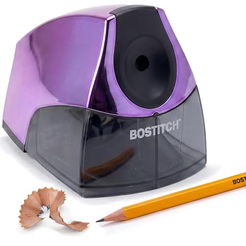Bostitch Office Electric Pencil Sharpener for Classroom & Desk Use, Heavy-Duty Stall-Free Motor, High-Capacity Shavings Tray, Metallic Purple