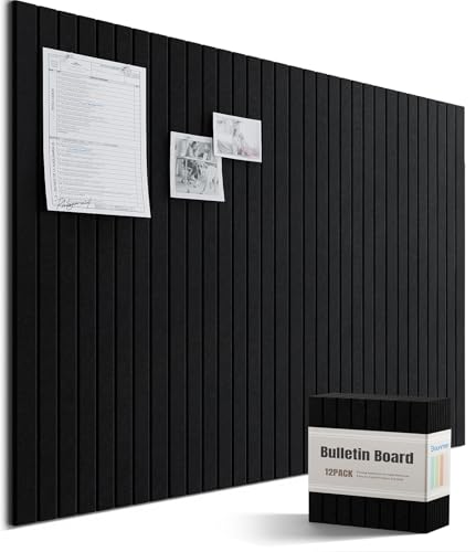 Bounmer Large Cork Board Alternative 48“ x 36”, 12-Pack Felt Bulletin Board Tiles with 60 Safe Removable Adhesive Tabs & 30 Pushpins, Cork Boards for Office Walls Decor (Black)