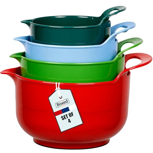 BoxedHome 4 Pack Nesting Mixing Bowl Christmas Set with Pour Spout and Handle, BPA free Microwave & Dishwasher Safe(Christmas colours, 4 Pack with Handle)