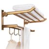 Brass Towel Rack with Hooks, Foldable Wall Mounted Towel Holder, Brushed Bronze Finish, Rustproof Bathroom Shelf, Hand Towel Storage, Kitchen Accessories