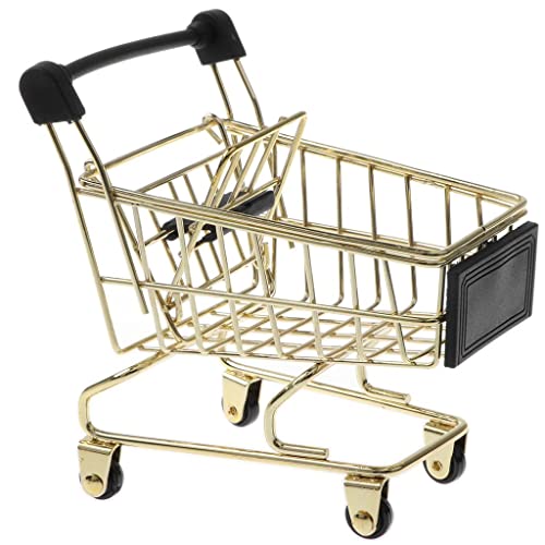 BreezeTrading Mini Shopping Cart Kids Trolley Toy Metal Shopping Pretend Play Toy with Compact Practical Build for Holding Pens Cards and Phone Suitable for, Golden, Size(LxWxH): 11.5 x 8.5 x 12 cm