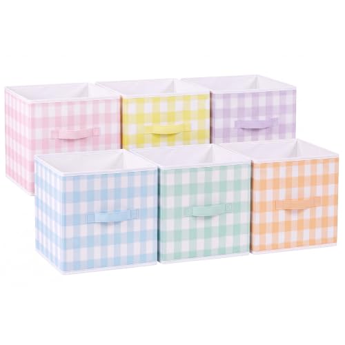BrightRow 6 Pcs 11 Inch Pastel Gingham Cube Storage Bins Collapsible Storage Organizer with Handles Fabric Container Baskets for Closet Clothes Toys Book Room Home Organization