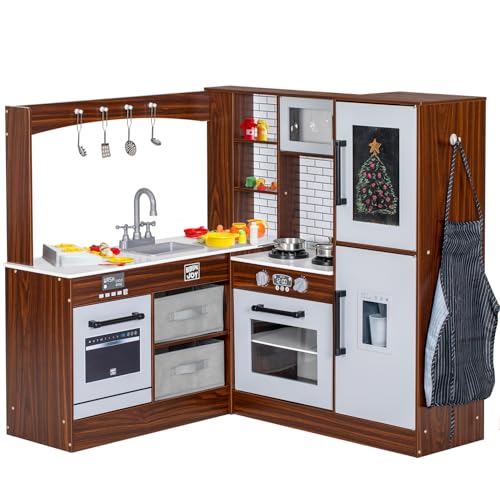 BRINJOY Corner Play Kitchen for Kids, Wooden Toddler Kitchen Playset w/Faucet, Sink, Microwave, Oven, Apron, Blackboard, Storage Cabinets, Pretend Cooking Toys w/Sound & Light Gift for Ages 3+